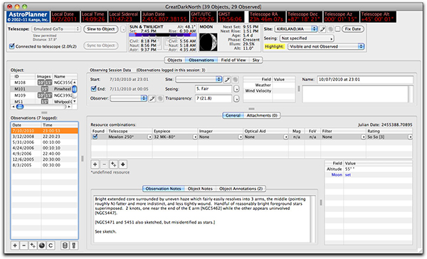 AstroPlanner observation notes